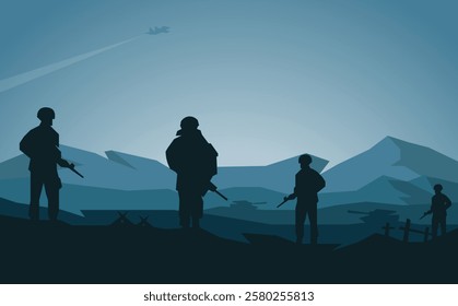 Soldier on guard war illustration, soldier background, soldier silhouette, Artillery, Cavalry, Tank, Warplane.