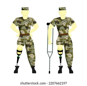 soldier on a prosthesis in military uniform. Disabled person with a prosthesis. Prosthetics. Vector illustration of a serviceman.