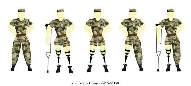 soldier on a prosthesis in military uniform. Disabled person with a prosthesis. Prosthetics. Vector illustration of a serviceman.