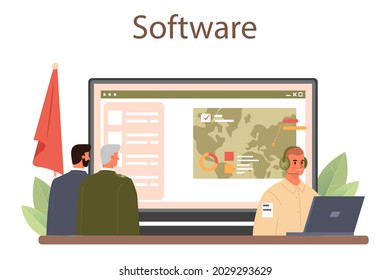 Soldier online service or platform. Millitary force employee in camouflage with a weapon. Army equipment and technology. Online software. Flat vector illustration
