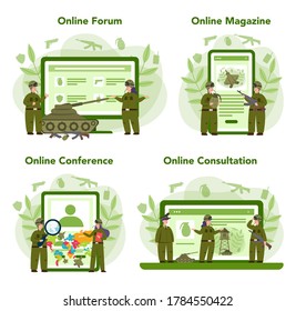 Servicio en línea de soldados o conjunto de plataformas. Empleado de la fuerza militar camuflado con un arma. Equipo militar y tecnología. Foro en línea, revista, conferencia, consulta. Ilustración del vector