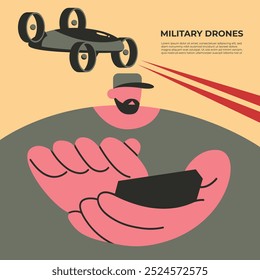 Soldier operating of flying Ai Drone. Modern technology army military. Flat vector illustration in cartoon style.