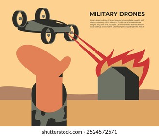 Soldado operando drone voador. Militares do exército de tecnologia moderna. Casa em chamas. Ilustração de vetor plano em estilo cartoon.