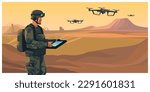 Soldier operating of flying drone  at sunset. Modern technology army military man with tablet controls an unmanned aerial vehicle. Flat vector illustration