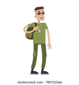 Soldier out of duty in camouflage on white background.