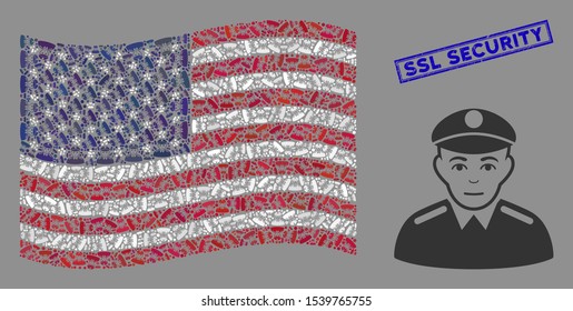 Soldier pictograms are grouped into American flag mosaic with blue rectangle rubber stamp watermark of SSL Security caption. Vector collage of American waving state flag is organized of soldier icons.