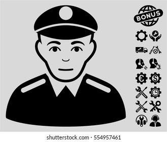 Soldier pictograph with bonus options icon set. Vector illustration style is flat iconic black symbols on light gray background.