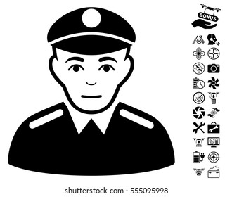 Soldier pictograph with bonus uav service images. Vector illustration style is flat iconic black symbols on white background.