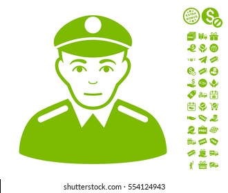 Soldier pictograph with free bonus design elements. Vector illustration style is flat iconic symbols, eco green color, white background.