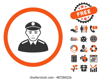 Soldier pictograph with free bonus elements. Vector illustration style is flat iconic bicolor symbols, orange and gray colors, white background.