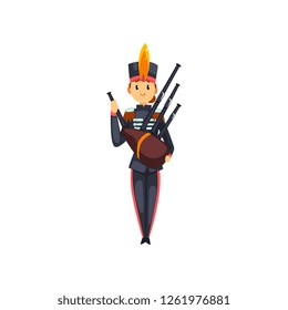 Soldier playing bagpipes, member of army military band with musical instrument vector Illustration on a white background