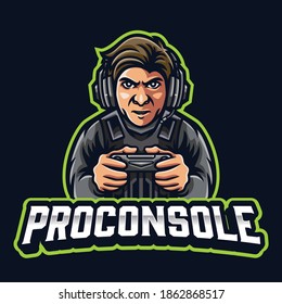 Soldier playing holding game controller for streamers or esports logo