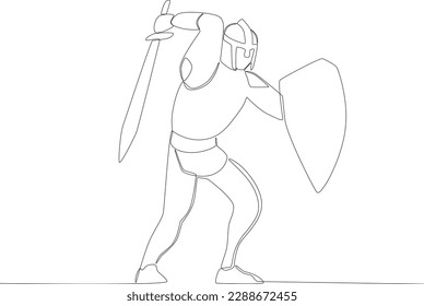 A soldier prepares to lay down his sword and protect himself with a shield. Ancient warrior one-line drawing