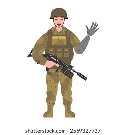 Soldier with prosthesis hand. Vector illustration of veteran.