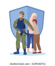 Soldier protecting citizens 2D vector isolated illustration. Scared people in danger flat characters on cartoon background. Brave militant colourful scene for mobile, website, presentation