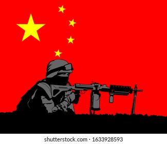 Soldier in protective uniform with machine gun on background of Chinese flag