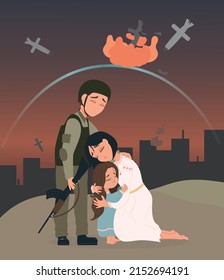 Soldier Protects A Woman And Child From War And Missiles. Air Defense Protects People From Bombs. A Mother Soothes Her Crying Daughter With The Background Of War. Exploding Building. Hand Drawn Vector