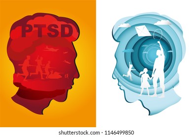 Soldier With PTSD. Special forces United States soldier or private military contractor with PTSD. Vector background. Concept of poster treatment PTSD.