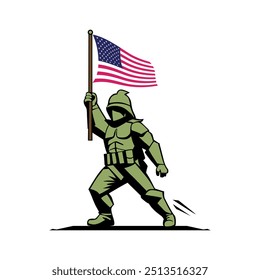Soldier raising united states of america flag, veteran day symbol for US Armed Force victory, American soldier with US flag vector art illustration.