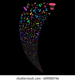 Soldier random fireworks stream. Vector illustration style is flat bright multicolored iconic symbols on a black background. Object fountain organized from scattered icons.