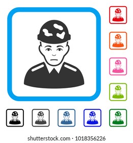 Soldier raster flat pictogram. Human face has glad emotion.