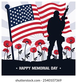 A soldier with red poppies and an American flag. Commemorating the services of heroes. Memorial Day concept. Flat vector illustration.