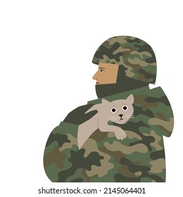 Soldier rescue little cat. Animals suffer in the war