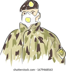 
A soldier in a respirator controls a closed area. Controlling the spread of infection. Quarantine mode. Vector illustration.