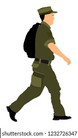 Soldier returning Home, walking back to home vector illustration. (Memorial day, Veteran's day, 4th of july, Independence day). Military father. Military member on duty. Man with backpack in uniform.