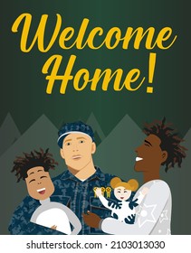 Soldier returns home. LGBT family. Soldier hugging his relatives. Happy husband and father hugging their husband and children. Vector illustration.