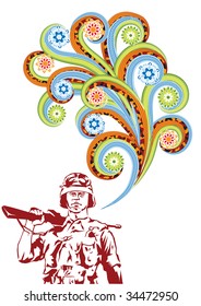 The soldier with a rifle in abstract collage. Format A4. Vector illustration. Isolated groups and layers. Global colors.