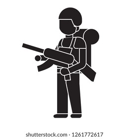 Soldier with a rifle black vector concept icon. Soldier with a rifle flat illustration, sign