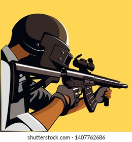 Soldier with a rifle. Man in a helmet with a weapon. vector illustration. pubg