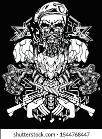 soldier robot black and white with sacred modern geometry background