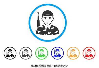 Soldier rounded icon. Style is a flat soldier gray symbol inside light blue circle with black, gray, green, blue, red, orange versions. Joy soldier vector icon. Person face has smiling feeling.