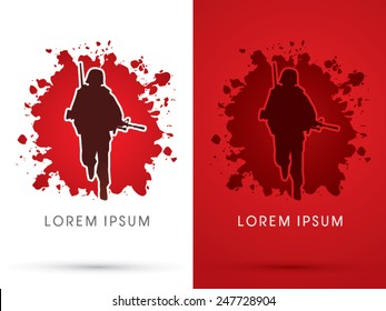 Soldier Running With Gun Silhouette, On Blood Splash Or Bomb Boom Background, Logo, Symbol, Icon, Graphic, Vector.