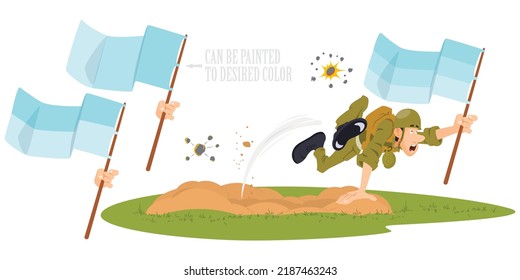 Soldier running on attack under explosions. Funny people. Illustration concept template for website, web landing page, banner, presentation, social, poster, promotion or print media.