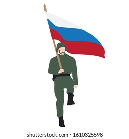 Soldier with Russian flag vector silhouette illustration. Ceremonial day of Russia. Military walk.