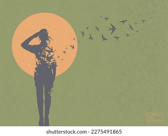 Soldier salutes. Death, afterlife. Flock of flying birds silhouette