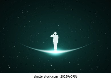 Soldier salutes. Military man silhouette. Glowing outline in space