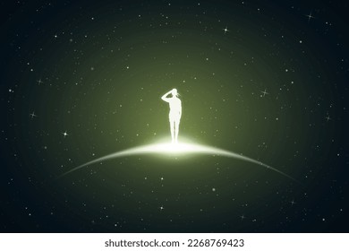 Soldier salutes. Military woman silhouette. Glowing outline in space