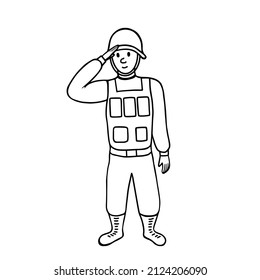 Soldier salutes. Saluting army soldier. Vector Illustration for printing, backgrounds, covers, packaging, greeting cards, posters, sticker, textile and seasonal design. Isolated on white background.