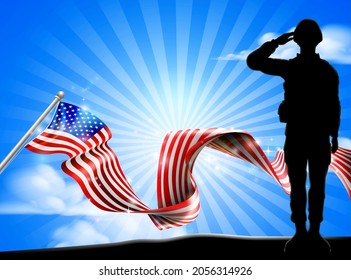 A soldier saluting with an American flag ribbon background