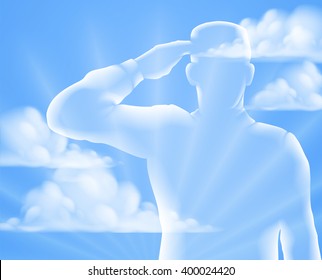 A soldier saluting with cloud sky background, design for Memorial Day or Veterans Day