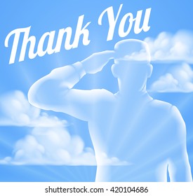 A soldier saluting with cloud sky background with Thank You, design for Memorial Day or Veterans Day