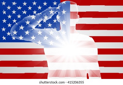 A soldier saluting in front of the American Flag, design for Memorial Day or Veterans Day