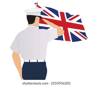 Soldier saluting Great Britain flag. vector