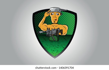 soldier saluting and shooting with machine guns