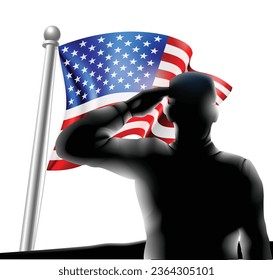 A soldier saluting silhouette with American flag design. 