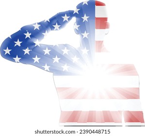 A soldier saluting silhouette with American flag design. 